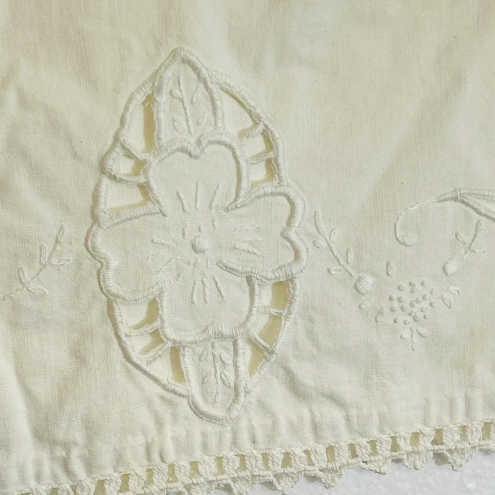 Vintage Embroidered Cutwork Floral Standard Pillowcase Crochet Cotton White